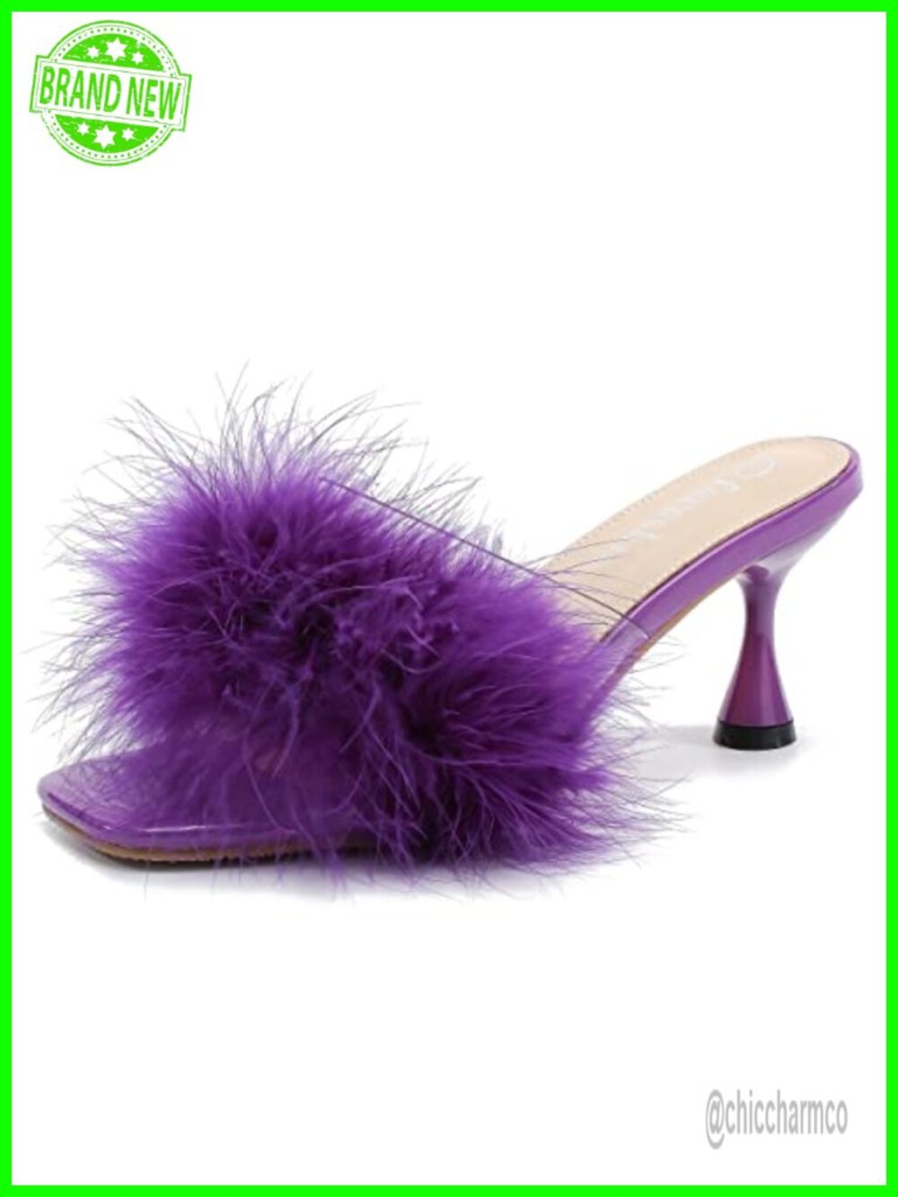 Feather Mule Sandals Kitten Heel Square Open Toe Slip On Fluffy Fur Clear Strap